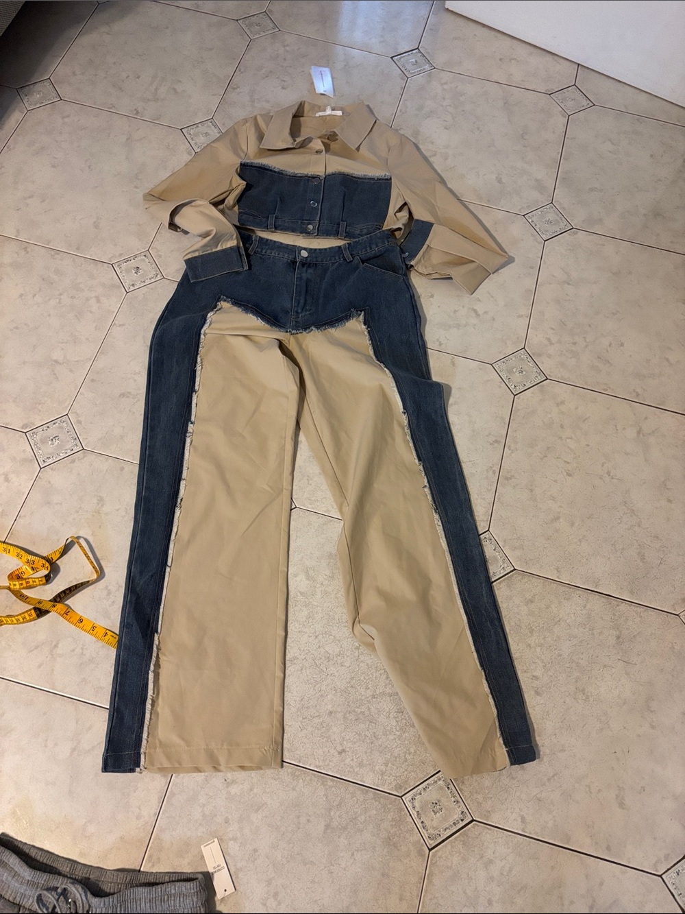 Two-Tone Beige and Dark Blue Wide-Leg Panel Pants